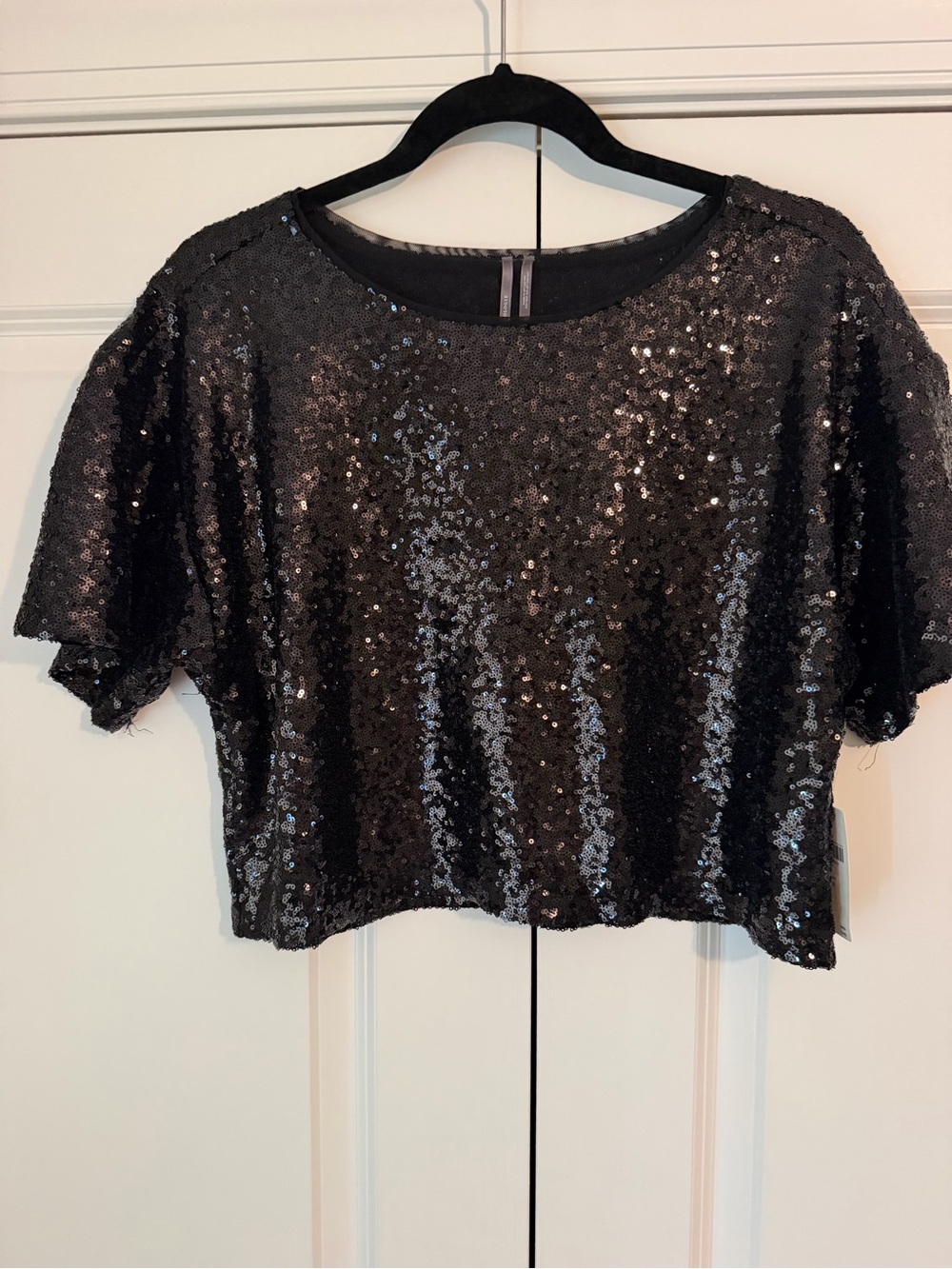Anthropologie Black Sequin Cropped Short Sleeve Top